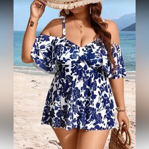 Floral Off-Shoulder Blue and White Women's Swimsuit